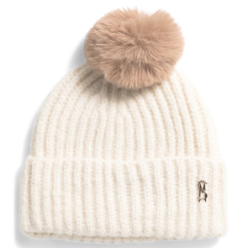 Steve Madden Fuzzy Ribbed Knit Satin-Lined Beanie with Pom Winter Hat